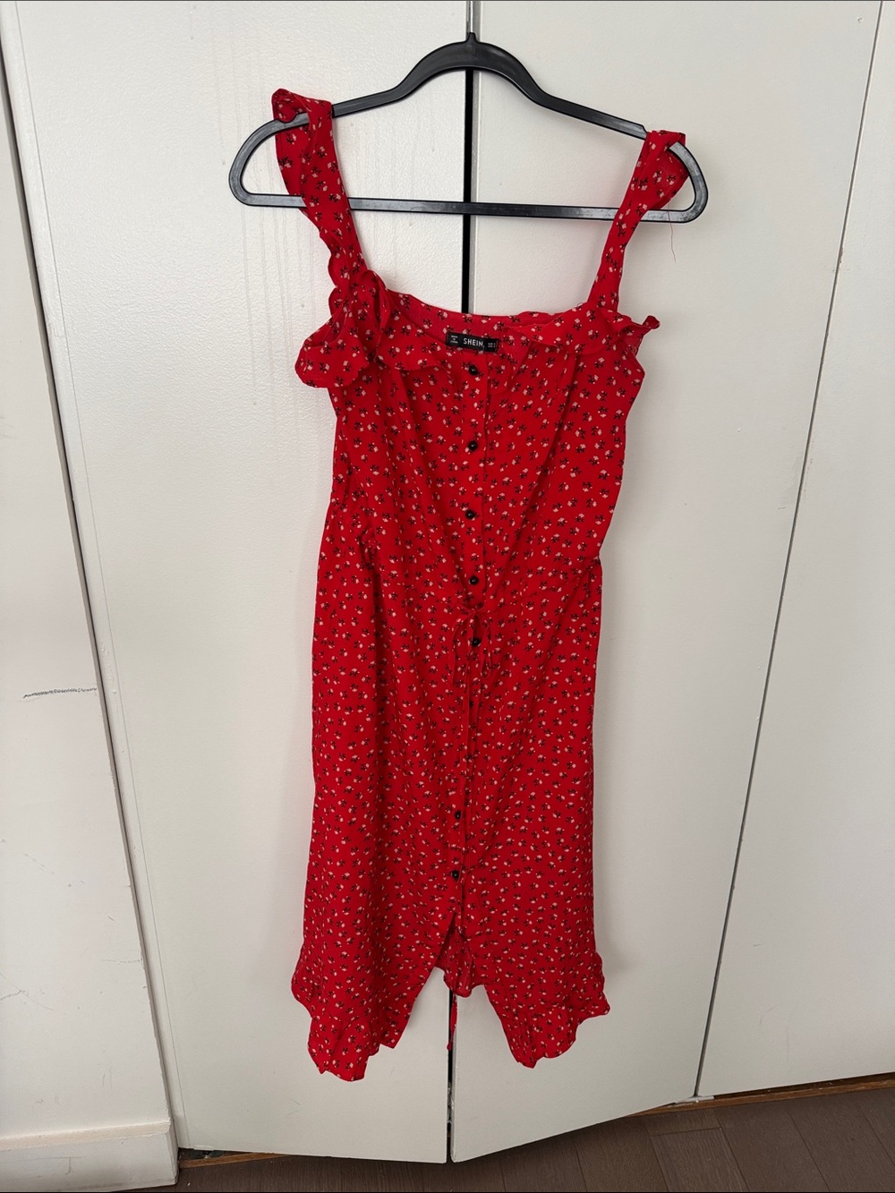 SHEIN Red Floral Button-Front Ruffle Strap dress